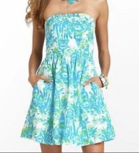 Lilly Pulitzer Strapless Dress With Pockets, Lighthouse Gathered Back Size Large