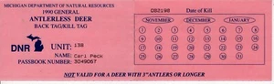 1990 MICHIGAN DNR ANTLERLESS DEER BACK TAG KILL TAG -MICHIGAN DEER-BEAR - Picture 1 of 1