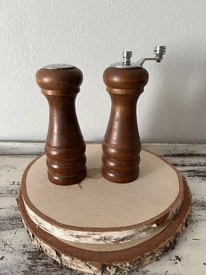 Vintage MCM Wooden Salt Shaker and Pepper Mill Grinder Set 6.5” Tall - Image 1 of 4