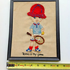 Vintage Needlepoint " Tennis Is My Game" Colorful Racquet Sports Match Wimbledon
