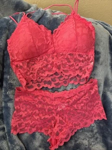Lingerie Set Sz Medium Pink Lace Bralette Bra Matching Panties Waist Fit - Picture 1 of 10