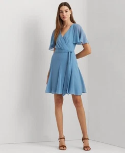 Lauren Ralph Lauren Women's Crinkle Surplice Dress Pale Azure SZ 18 Defect - Picture 1 of 14
