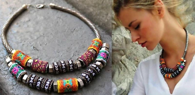 COLLAR ZARA ESTAMPADO FLORAL ÉTNICO BOHO TELA COLLAR CUENTAS NUEVO Foto 1 de 4