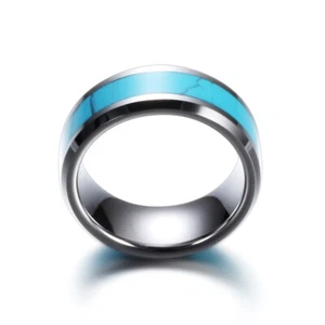 Stainless Steel Rings w/ Synthetic Turquoise Inlaid Men's Women's Wedding Silver - Picture 1 of 5