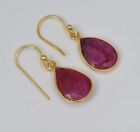 925 Solid Sterling Silver 24Ct Gold Overlay Simulated Ruby Hook Earring Y415