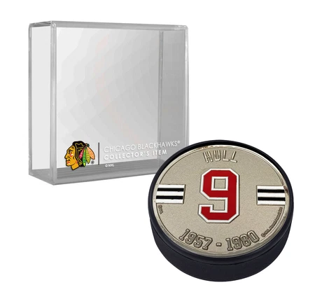 Bobby Hull #9 Chicago Blackhawks HHOF Silver Plated Medallion Puck w/Team Cube Cover