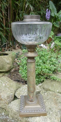 Grande lampe à Pétrole ancienne Globe Cristal taillé pied Onyx et Bronze 41cm - Photo 1/4