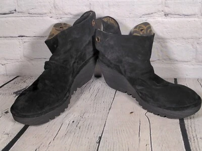 Fly London Yebi Suede Wedge Black Ankle Boot Shoes Size 42 US 8 Tie Booties — 第 1/4 张图片