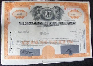 Great Atlantic & Pacific Tea Comp stock certificate Payee Pitt & Co w/ 2 attache - Picture 1 of 3