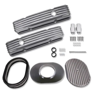 For SBC 1958-1986 Short Retro Polished Alum Finned Valve Cover & 12" Air Cleaner - Foto 1 di 6