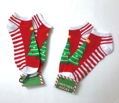 Lote de 2 pares MUJER ÁRBOL DE NAVIDAD CALCETINES CORTE BAJO vacaciones rojo blanco rayas tobillo Foto 1 de 3