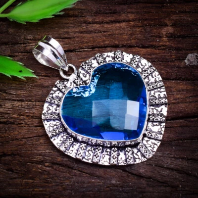 Encantador colgante hecho a mano de plata de ley 925 con piedras preciosas de topacio azul de Londres de 2,3" Foto 1 de 3