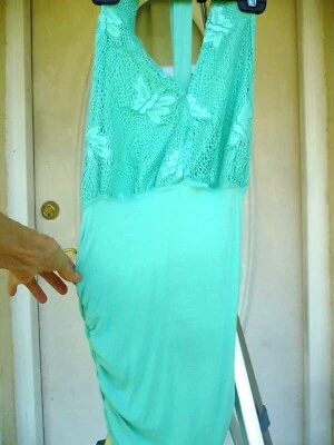 VTG USA CROCHET TOP HALTER BLOUSE GREEN RUCHED M S GODDESS STRETCH VISCOSE WOMEN - Image 1 of 4