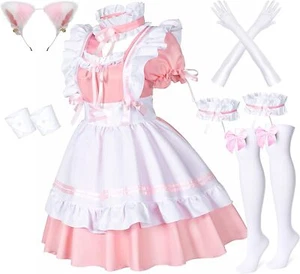 Anime French Maid Apron Lolita Fancy Dress Cosplay Costume Furry Cat Ear Gloves - Picture 1 of 10