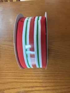 Christmas Striped Wired Ribbon 2.5in x 80ft Roll - Red Green White Celebrate It - Picture 1 of 3