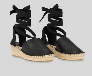 Schuh Ceremony Black Leather Espadrilles Ankle Tie Womens Sandal Holiday Uk 5 - Picture 1 of 13