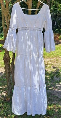 Maxi Vestido Vintage Años 70 Blanco Ojales Encaje Talla Pequeña Boho Hippie Cottagecore  Foto 1 de 4