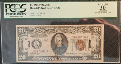 1934 A $20 Federal Reserve Note, Hawaii, Small Note, FR-2305, PCGS VF-30 (Aprnt) - Image 1 of 2