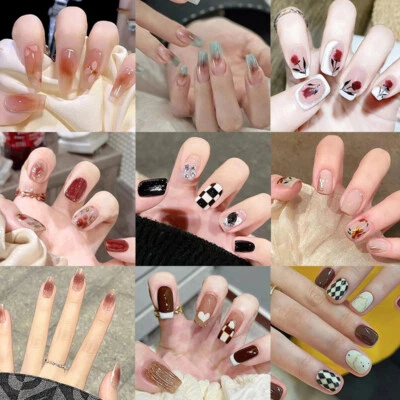 24 PCS Acrylic Full Cover Fake False Nails Women Short Round Press On With Glue♧ - Image 1 of 4