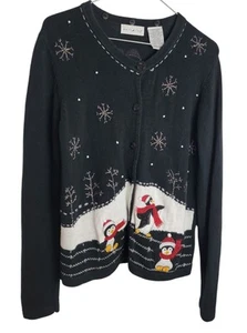 White Stag Women's Knit Cardigan Winter Penguin Snowflakes Black Size M 8/10 - Picture 1 of 10