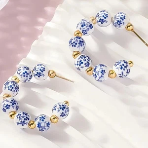 NEW Anthropologie Blue Ceramic & Gold Plated Boho Beaded Hoop Earrings Jewelry - Picture 1 of 4