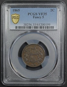 1865 Fancy 5 Copper Two Cent Piece 2C PCGS VF 35 - Picture 1 of 4
