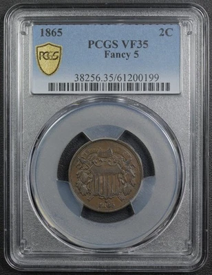 1865 Fancy 5 Copper Two Cent Piece 2C PCGS VF 35 - Image 1 of 4