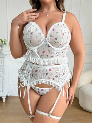 Floral Lace & Mesh Lingerie Set Bra Top, Panty, Garter & Leg Rings PLUS 4X NEW! - Image 1 of 4