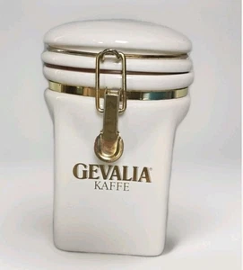 Barattolo barattolo barattolo caffè vintage Gevalia accento bianco e oro guarnizione ermetica - Foto 1 di 7