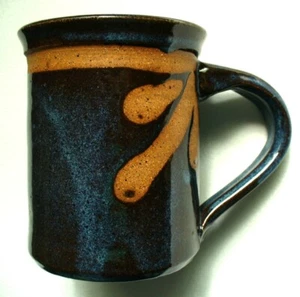 GLAZED~Hand Thrown~STUDIO~Art Pottery~STONEWARE~8oz.~Small Mug~THUMB HANDLE~Navy - Picture 1 of 11