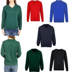Adults Plain Long Sleeve V Neck Pullover Sweatshirt Kids School Uniform Jumper - Picture 1 of 6