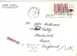 GB 1971 STRIKE POST USA Cover Interrupted *EMBARGO* GB Essex Brentwood 43c.7 - Picture 1 of 6