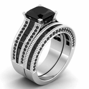 3.54Ct Black Diamond Simulated  Engagement Wedding Bridal Set  14K White Gold - Picture 1 of 5