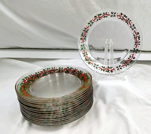 LIBBEY / ARCOROC Christmas Holly & Berry 8" Salad Plates - Red Ribbon - Set of 4 - Picture 1 of 5