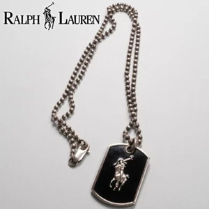 Ralph Lauren Black Enamel Silver 925 Dog Tag Plate Necklace Pendant H4 - Picture 1 of 6
