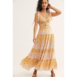 Free people Floral Maxi Dress Tie Strap Tiered Smocked Bohemian Summer Size L - Picture 1 of 9