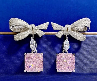 Aqua Pink 4.01CT Sapphires & Genuine Lab-Created Diamonds Ribbon Bow Earrings - Image 1 of 4