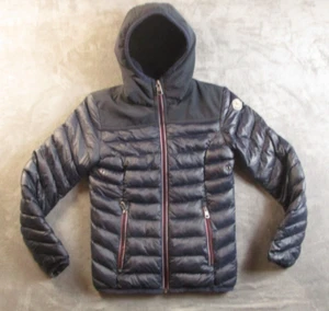 Moncler Goose Down Puffer Jacket Women Girl Size 0 Extra Small Black Blue Hood - Picture 1 of 23