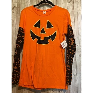 Junior's Layered Orange Halloween Jack O Lantern Sparkle Pumpkin Shirt Large - Picture 1 of 7