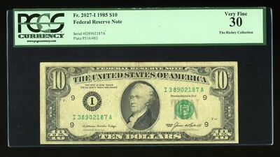 DBR 1985 $10 FRN Minneapolis Fr. 2027-I PCGS 30 Serial I38902187A - Image 1 of 2