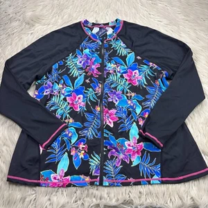 Costume da bagno per tutte le donne 20 nero floreale zip davanti LS protezione solare camicia - Foto 1 di 6