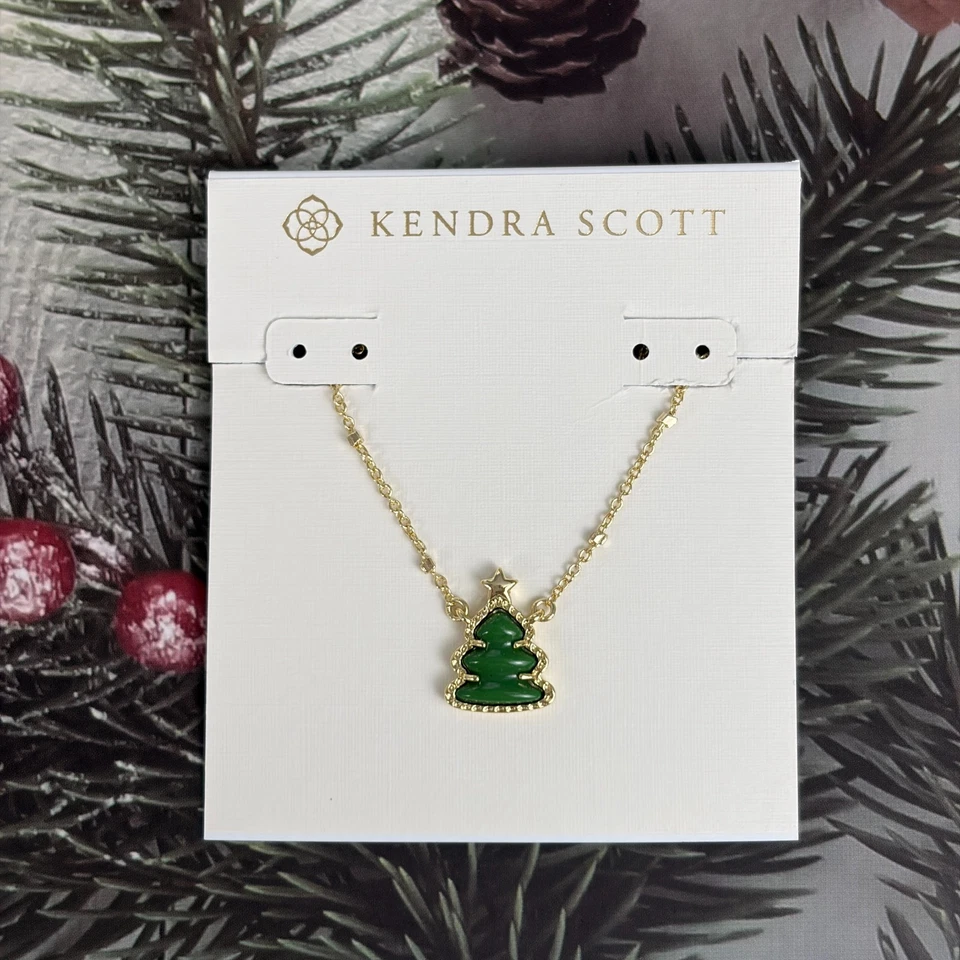 🎄Kendra Scott Árvore de Férias Colar Pingente Curto Dourado em Quartzito Verde - Imagem 1 de 4
