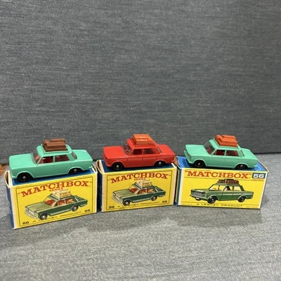 3ea Vintage Matchbox no 56 Fiat 1500s w/ Original Boxes variation luggage & box - Image 1 of 4