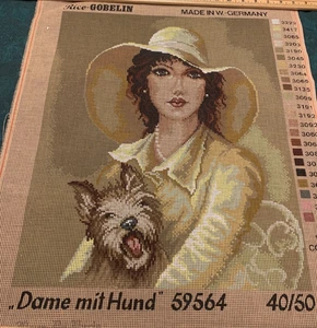 "Dame mit Hund" by Rico Gobelin Made in W. Germany Needlepoint Unworked Canvas - Picture 1 of 7
