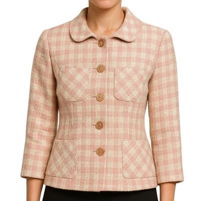 Blazer de lã Georgiou rosa creme xadrez gola redonda tamanho 4 feminino clássico preppy - Imagem 1 de 4