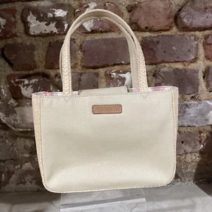 Fossil Womens Small Hobo Bag Tan w/ Woven Straw Trim Handle Purse Handbag Canvas - Picture 1 of 9