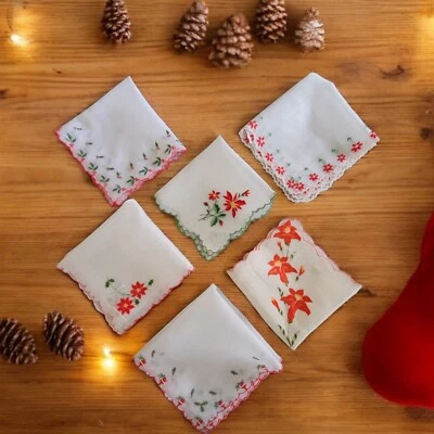 Vintage Ladies Handkerchiefs Christmas Embroidered Lot Of 6 Holiday Traditions - Image 1 of 4