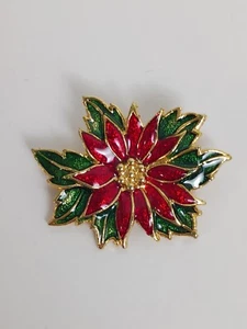 Signed SFJ Gold Tone Poinsettia Flower Brooch Pin Red Green Christmas Holiday  - Picture 1 of 5