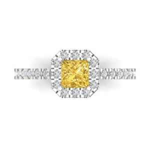 14K White Gold Halo Engagement Ring for Women, 0.89 ctw Simulated Yellow Diamond - Picture 1 of 11