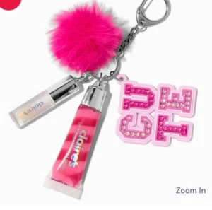 Claire’s Rhinestone Pink Varsity Cute Lip Gloss Keychain Bag Clip Birthday - Picture 1 of 3